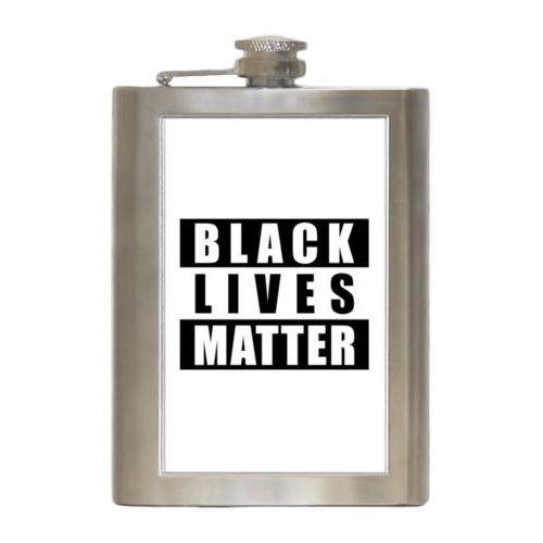 8oz steel flask personalized with "Black Lives Matter" black on white design