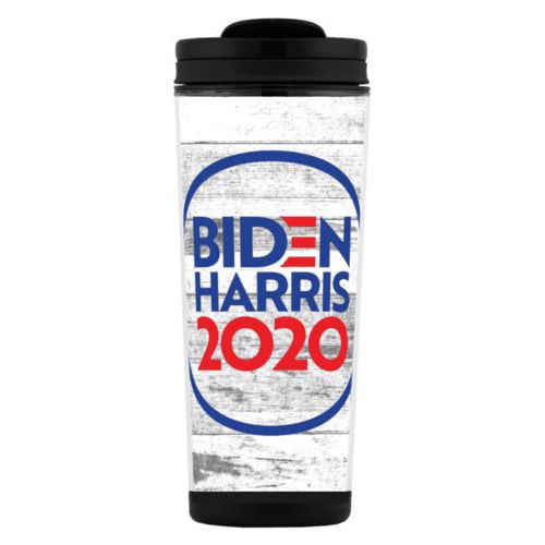 Tall mug personalized with "Biden Harris 2020" round logo on wood grain design