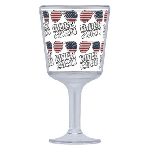 Plastic wine glass personalized with "Biden 2020" sunglasses tile design