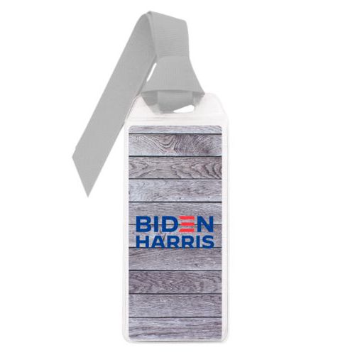 Personalized bookmark personalized with "Biden Harris" logo on wood grain design