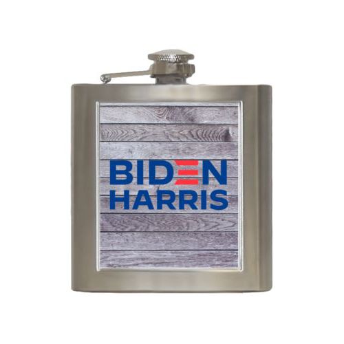 6oz steel flask personalized with "Biden Harris" logo on wood grain design
