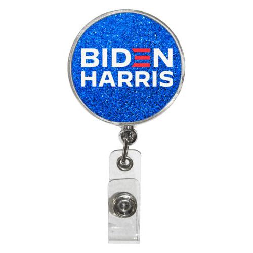 Personalized badge reel personalized with "Biden Harris" logo on blue design