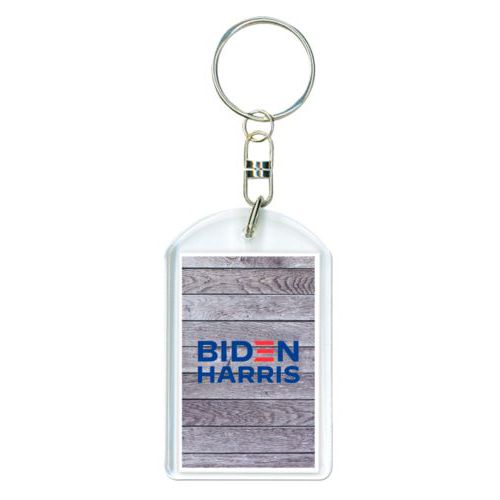 Custom keychain personalized with "Biden Harris" logo on wood grain design