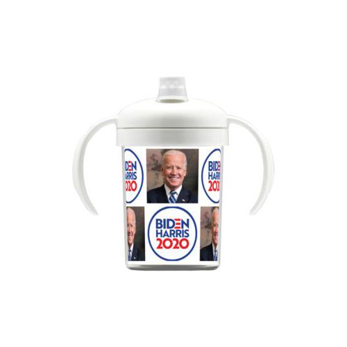Personalized sippy cup personalized with "Biden Harris 2020" round logo and Biden photo tile design