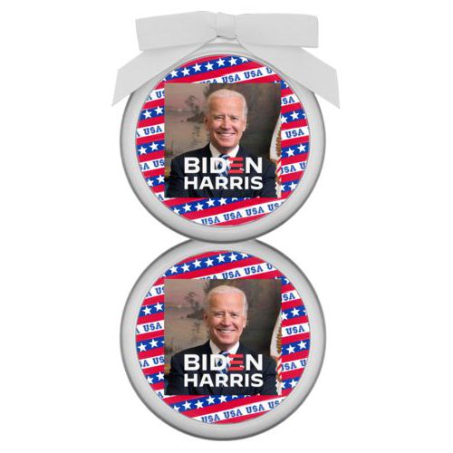Personalized ornament personalized with Biden photo and "Biden Harris" logo on red white and blue design