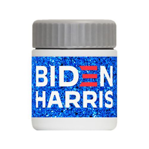 Personalized 12oz food jar personalized with "Biden Harris" logo on blue design