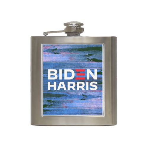 6oz steel flask personalized with "Biden Harris" logo on blue wood design
