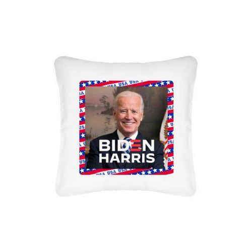 Custom pillow personalized with Biden photo and "Biden Harris" logo on red white and blue design