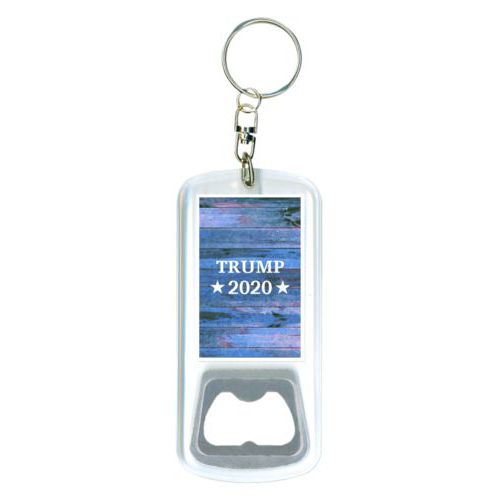 Bottle opener with key ring personalized with "Trump 2020" on blue wood grain design