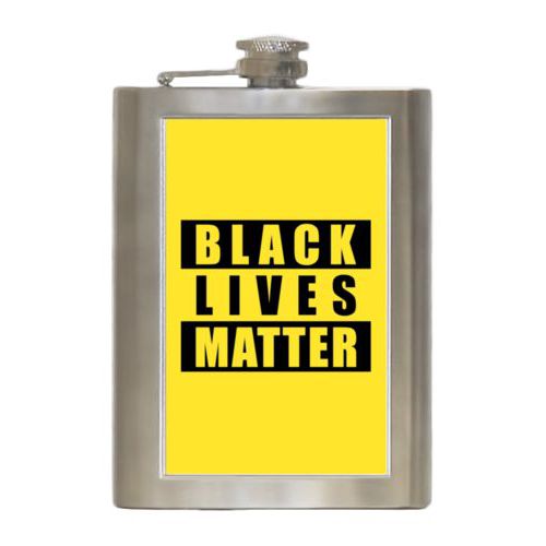 8oz steel flask personalized with "Black Lives Matter" black on yellow design