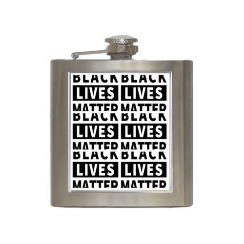 Durable steel flask personalized with "Black Lives Matter" black on white tiled design