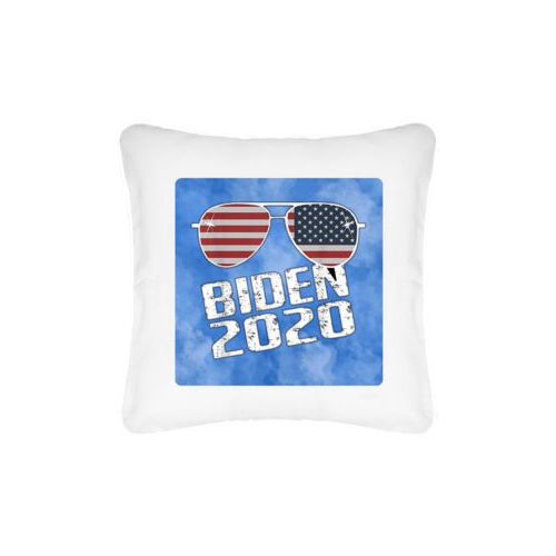 Personalized pillow personalized with "Biden 2020" sunglasses on blue cloud design