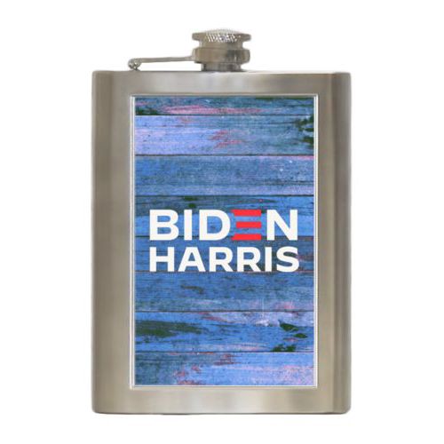 8oz steel flask personalized with "Biden Harris" logo on blue wood design