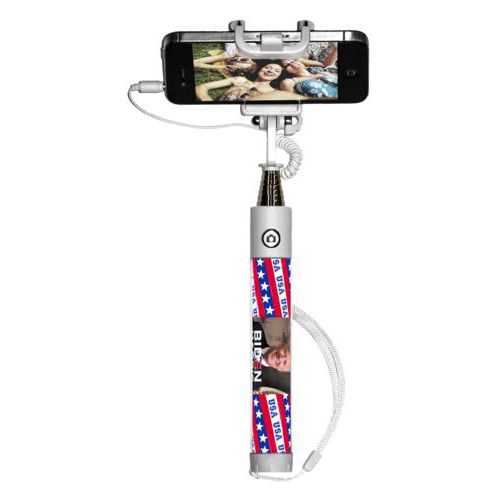 Selfie stick personalized with Biden photo and "Biden Harris" logo on red white and blue design