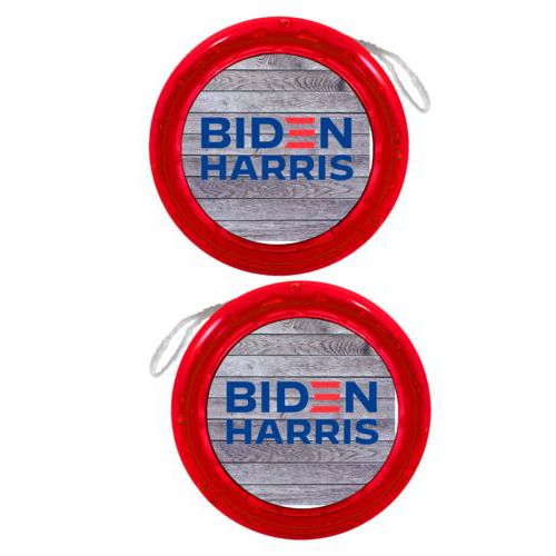 Personalized yoyo personalized with "Biden Harris" logo on wood grain design