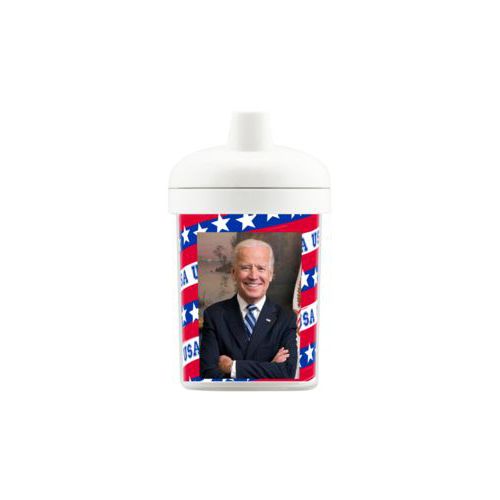 Personalized toddler cup personalized with Biden photo on red white and blue design