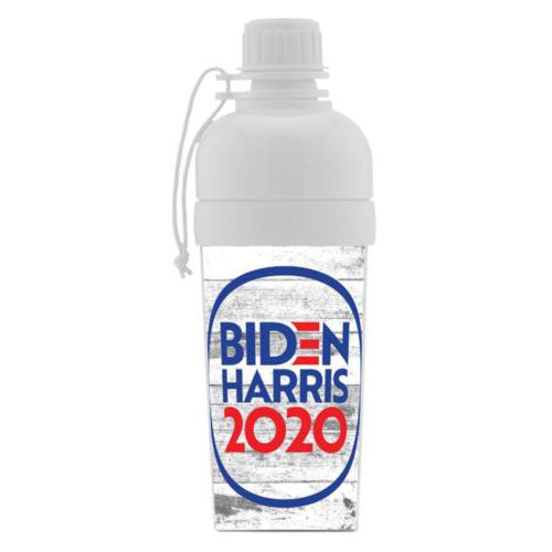 Custom sports bottle personalized with "Biden Harris 2020" round logo on wood grain design