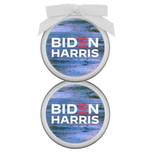 Personalized ornament personalized with "Biden Harris" logo on blue wood design