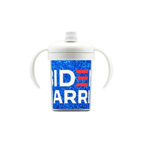 Personalized sippy cup personalized with "Biden Harris" logo on blue design
