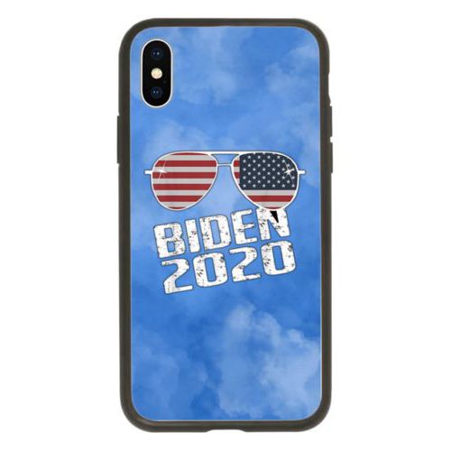 Custom protective phone case personalized with "Biden 2020" sunglasses on blue cloud design