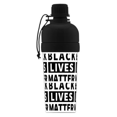 Custom sports bottle for kids personalized with "Black Lives Matter" black on white tiled design