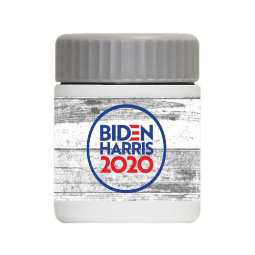 Personalized 12oz food jar personalized with "Biden Harris 2020" round logo on wood grain design