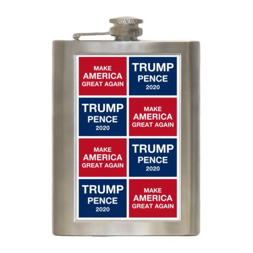 8oz steel flask personalized with "Trump Pence 2020" and "Make America Great Again" tiled design