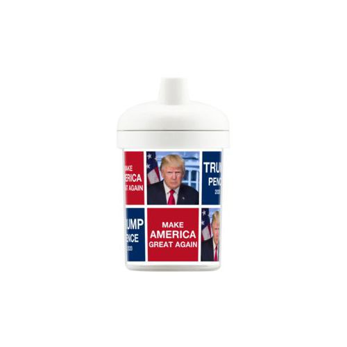 Personalized toddler cup personalized with Trump photo with "Trump Pence 2020" and "Make America Great Again" tiled design