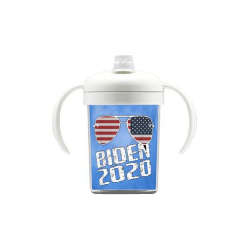 Personalized sippy cup personalized with "Biden 2020" sunglasses on blue cloud design