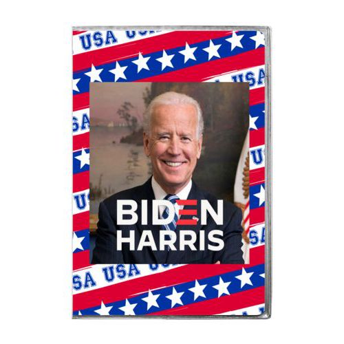 4x6 journal personalized with Biden photo and "Biden Harris" logo on red white and blue design