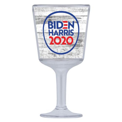 Plastic wine glass personalized with "Biden Harris 2020" round logo on wood grain design