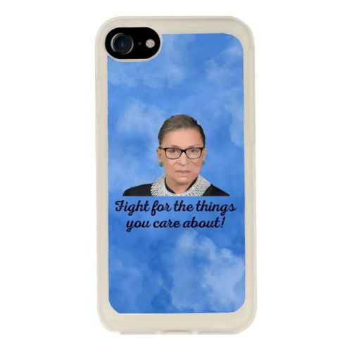 Personalized iphone 7 case personalized with blue cloud pattern and photo and the saying "Fight for the things you care about!"