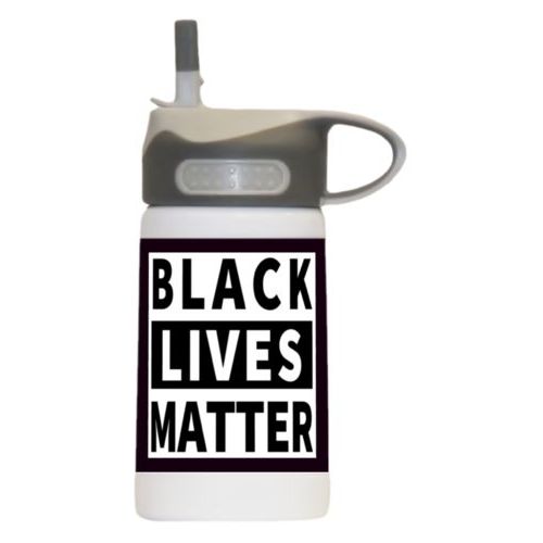12oz insulated steel sports bottle personalized with "Black Lives Matter" white on black design