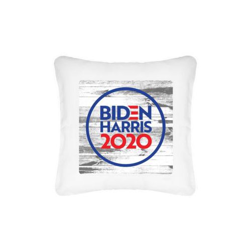 Custom pillow personalized with "Biden Harris 2020" round logo on wood grain design