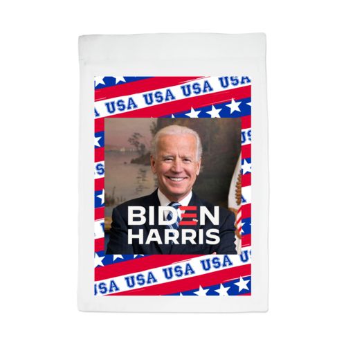 Personalized yard flag personalized with Biden photo and "Biden Harris" logo on red white and blue design