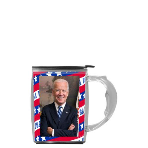 Custom mug with handle personalized with Biden photo on red white and blue design