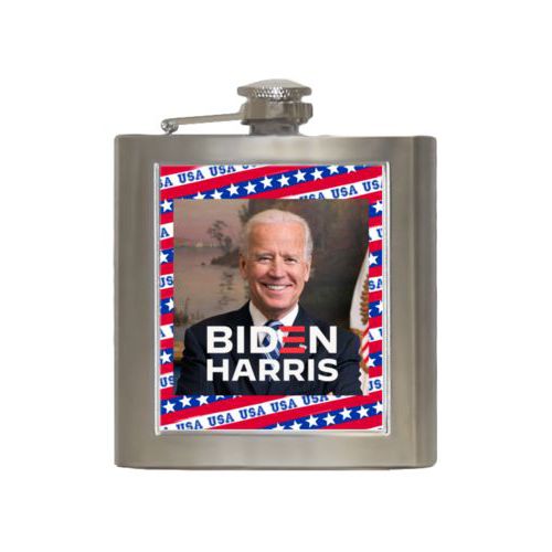 6oz steel flask personalized with Biden photo and "Biden Harris" logo on red white and blue design