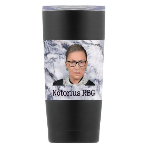 20oz double-walled steel mug personalized with Ruth Bader Ginsburg drawing and "Notorious RGB" on marble design
