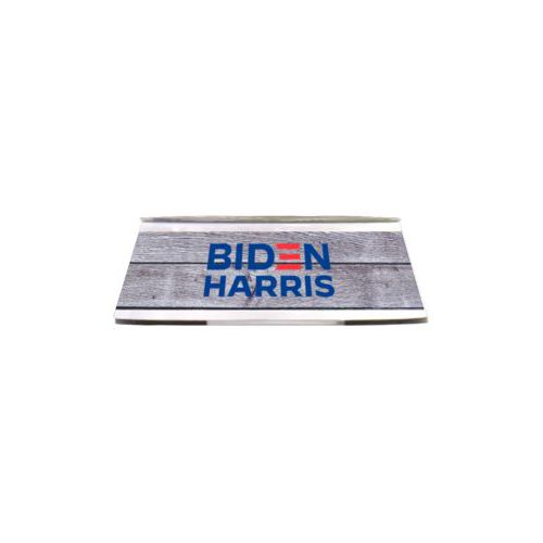 Stainless steel bowl in a melamine outer cover personalized with "Biden Harris" logo on wood grain design