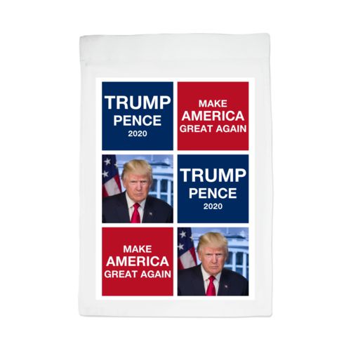 Custom yard flag personalized with Trump photo with "Trump Pence 2020" and "Make America Great Again" tiled design