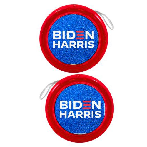Personalized yoyo personalized with "Biden Harris" logo on blue design