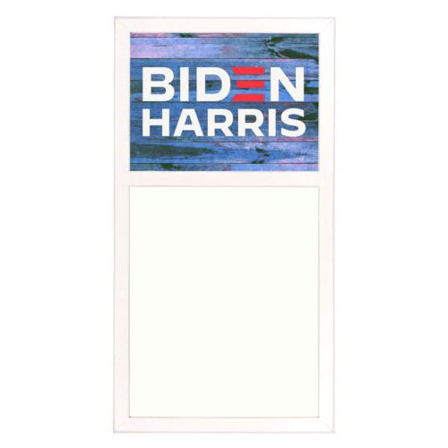 Personalized whiteboard personalized with "Biden Harris" logo on blue wood design