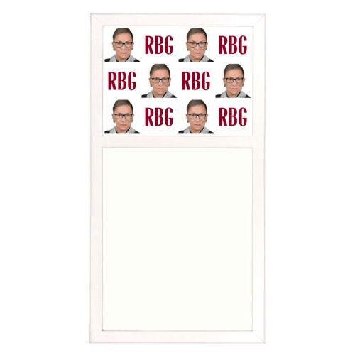 Personalized white board personalized with a photo and the saying "RBG" in white and maroon