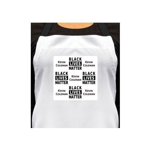Personalized apron personalized with "Black Lives Matter" and a name black on white tiled design