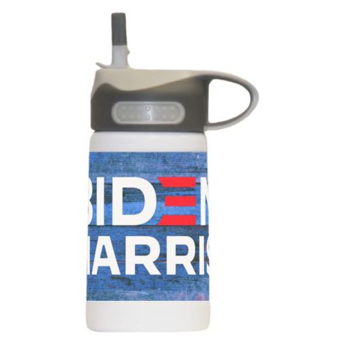 12oz insulated steel sports bottle personalized with "Biden Harris" logo on blue wood design