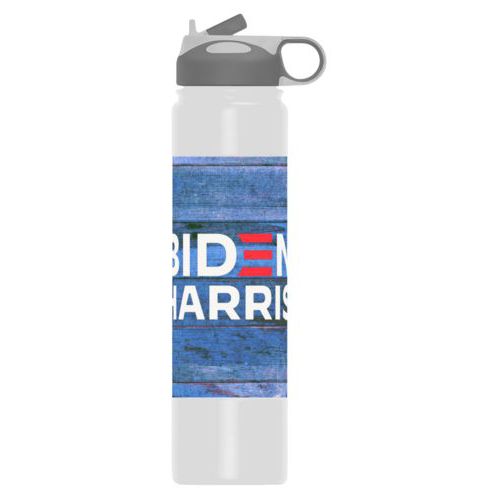 24oz insulated steel sports bottle personalized with "Biden Harris" logo on blue wood design
