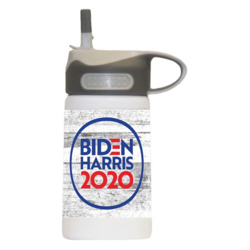12oz insulated steel sports bottle personalized with "Biden Harris 2020" round logo on wood grain design