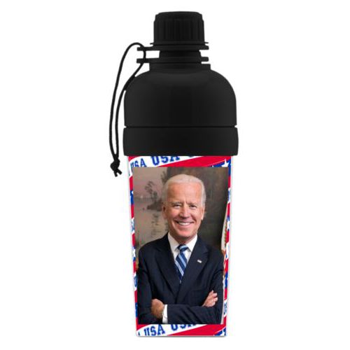 Custom kids water bottle personalized with Biden photo on red white and blue design
