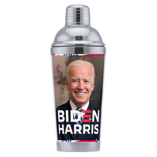 Personalized coctail shaker personalized with Biden photo and "Biden Harris" logo on red white and blue design