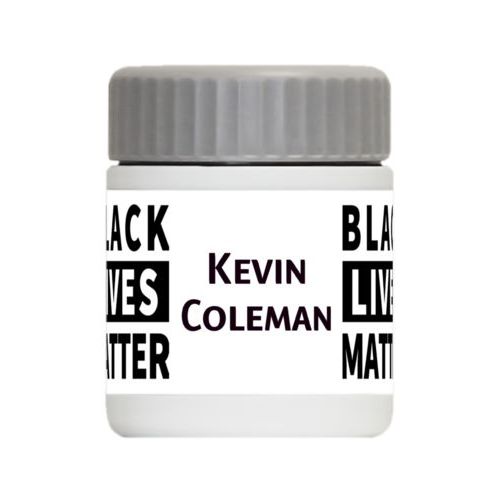 Personalized 12oz food jar personalized with "Black Lives Matter" and a name black on white tiled design